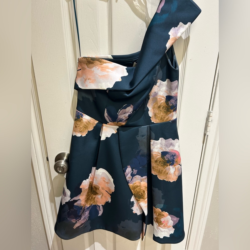 KEEPSAKE the Label One Shoulder Floral Dress - Dark Teal and Pink